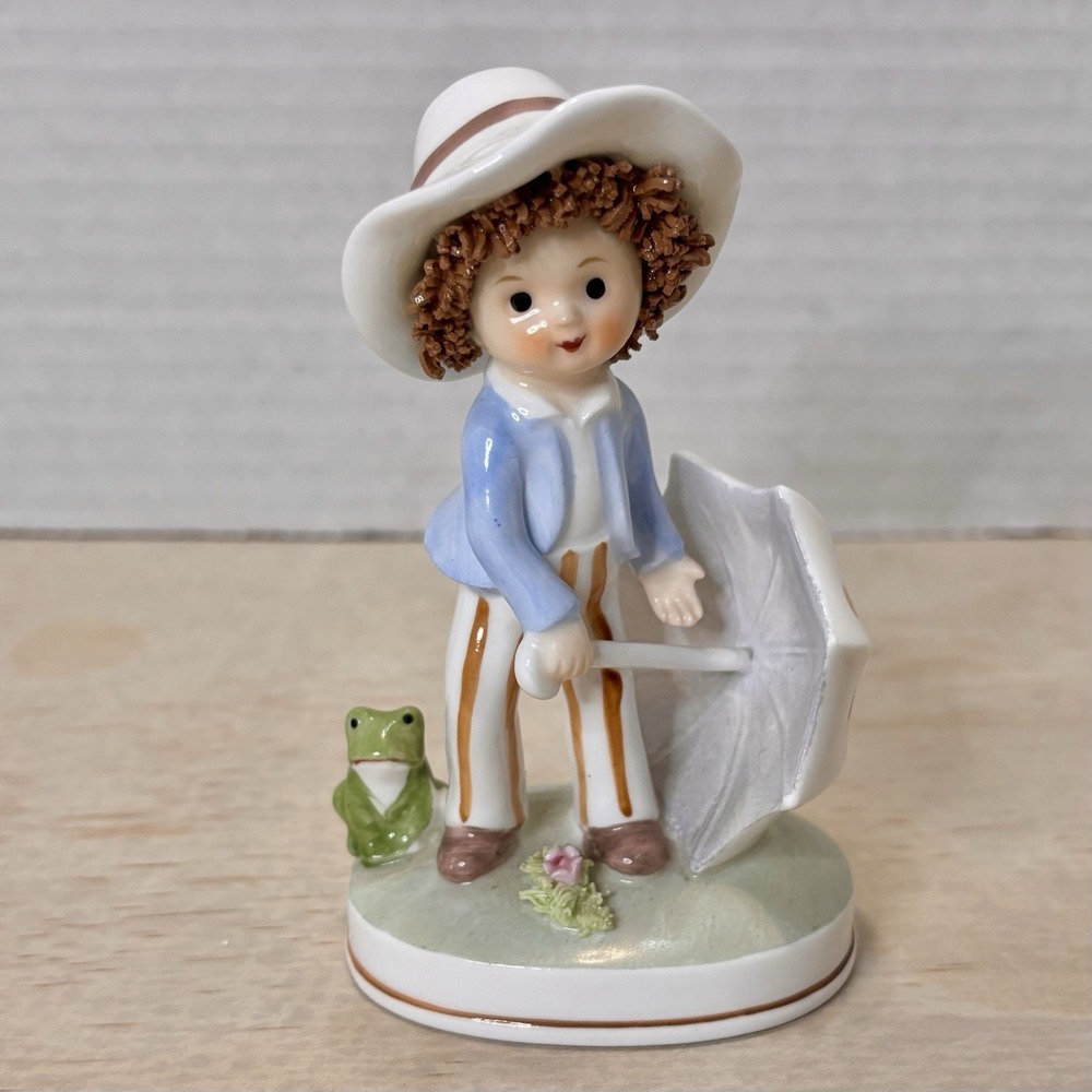 Napco Easter Boy With Frog & Umbrella Figurine Bone China